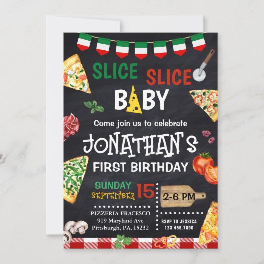 スライス スライス ベイビー ピザパーティー 1歳の誕生日 招待状 (正面)