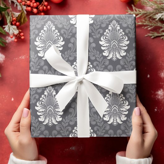 スライバーフローラダマスクシームレスグレーフラワーパターン ラッピングペーパー