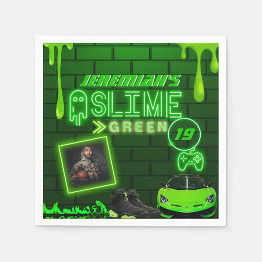 スライムグリーン |フォトバースデーパーティーNeon Green スタンダードカクテルナプキン (正面)