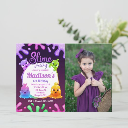 スライムパーティーガール誕生日カラフルトイ写真 招待状 (スタンド正面)