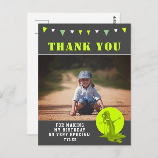 スライムモンスターグリーンキッズフォト誕生日ありがとう ポストカード (正面/裏面)