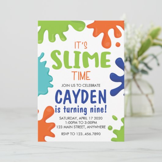 スライム誕生日招待状グリーンブルーとオレンジ 招待状 (スタンド正面)