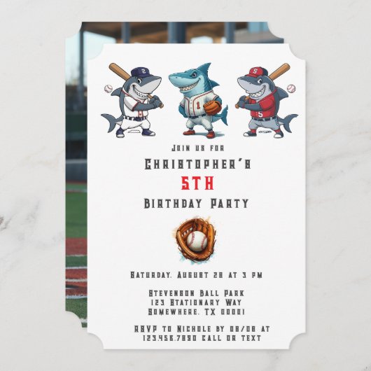 スラッガーシャーク誕生日Bash写真 招待状 (正面/裏面)