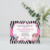 スランバーバースデーパーティゼブラプリントガール招待状 ポストカード (スタンド正面)