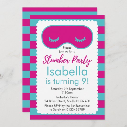 スランバーパーティーをテーマにした誕生日パーティーの招待状 招待状 (正面/裏面)