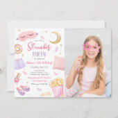 スランバーパーティースリーポバーガールスパピンク誕生日 招待状 (正面)