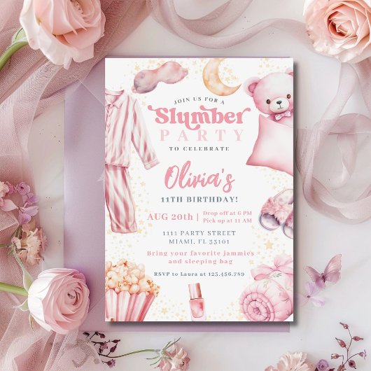 スランバーパーティースリーポバーガールスパピンク誕生日 招待状