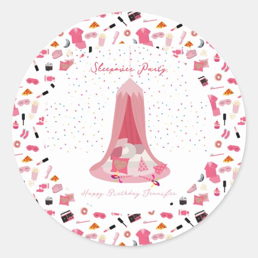 スランバーパーティースリーポバーテント子供の誕生日パーティー ラウンドシール (正面)
