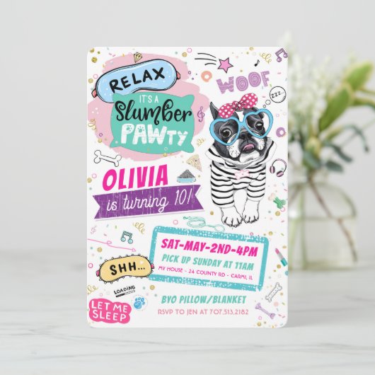 スランバーパーティーパグ誕生日招待状子犬 (スタンド正面)