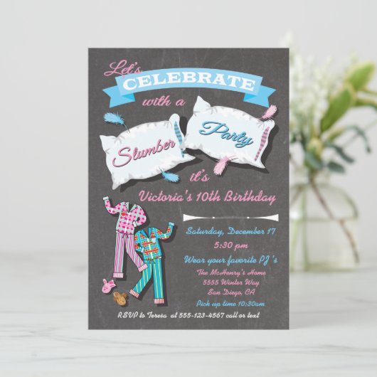 スランバーパーティーピローチャートスリープオーバーパーティー招待状 招待状 (スタンド正面)