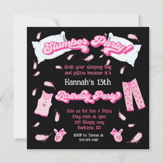 スランバーパーティーピローファイト誕生日招待状 招待状 (正面)