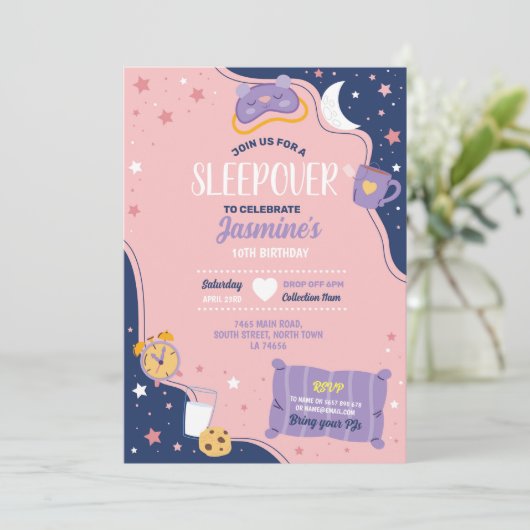 スランバーパーティー誕生日スリーポバーカワイガールズピンク 招待状 (スタンド正面)