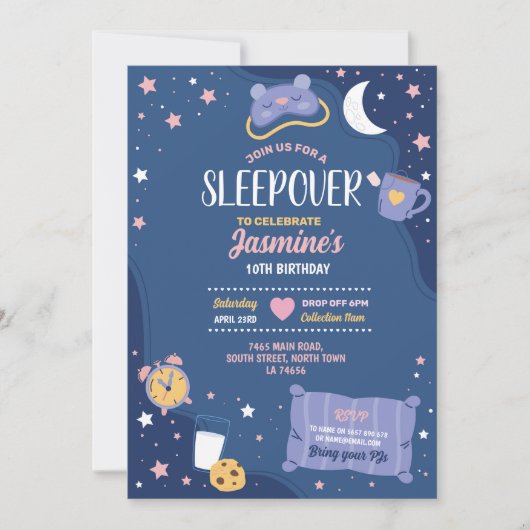 スランバーパーティー誕生日スリーポバーカワイガールズブルー 招待状 (正面)