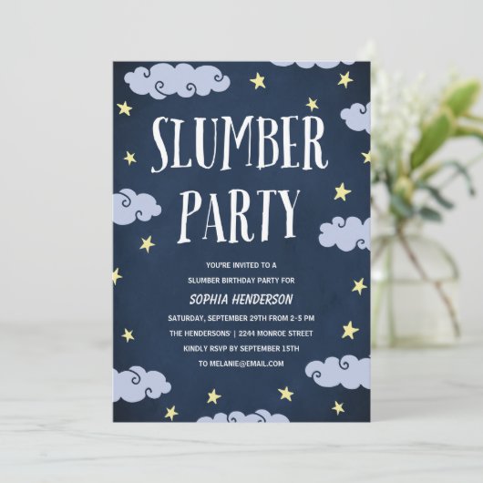 スランバーパーティー | ネイビー図解入りの、写真付きのブルー誕生日 招待状 (スタンド正面)