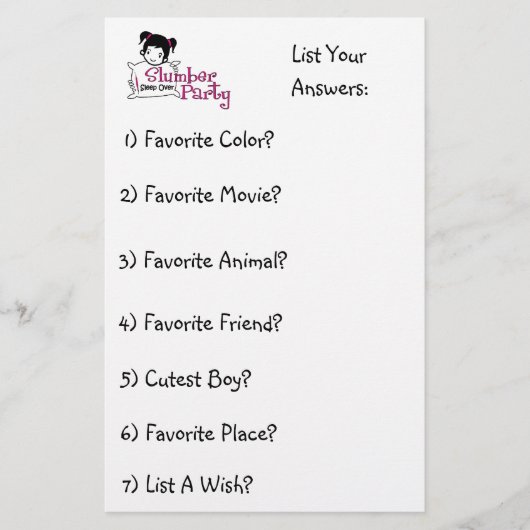 スランバー・パーティーのおもしろいのリスト2 便箋 (正面)