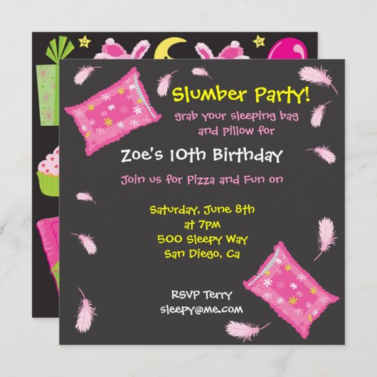 スランバー・パーティーのピローファイトの招待状 招待状 (正面/裏面)
