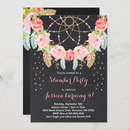スランバー・パーティーの誕生日の招待状のSleepoverのパーティー 招待状 (正面/裏面)
