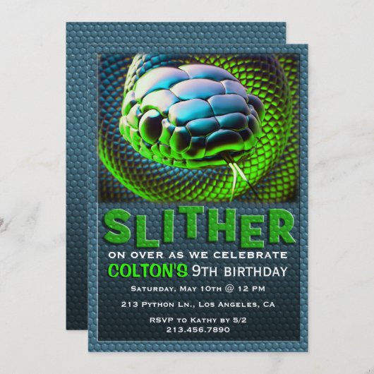 スリザースネークグリーン爬虫類誕生日招待状 招待状 (正面/裏面)