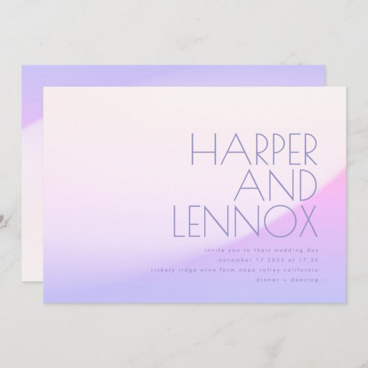 スリックグラデーショングラディエント紫ミストトロピカル結婚ズ 招待状 (正面/裏面)