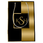 スリック金ゴールドとブラック幾何モダンデザイン ミディアムペーパーバッグ (正面)