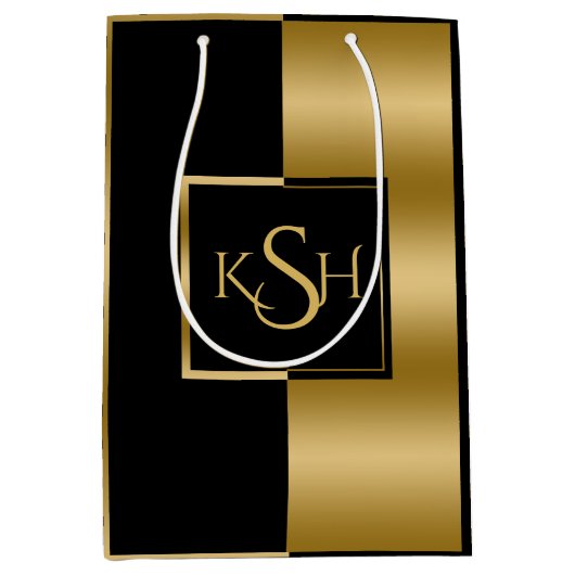 スリック金ゴールドとブラック幾何モダンデザイン ミディアムペーパーバッグ (正面)