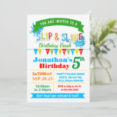 スリップまたは滑ることおよびスライド誕生日bashの原色パーティー 招待状 (スタンド正面)
