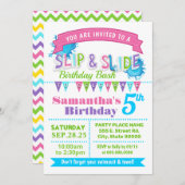 スリップまたは滑ることスライド誕生日bashピンクティール(緑がかった色)緑パーティー 招待状 (正面/裏面)