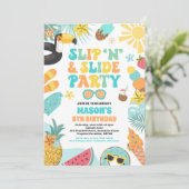 スリップまたは滑ること'n'スライドスプラッシュパッド夏の誕生日パーティー 招待状 (スタンド正面)