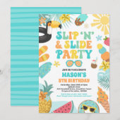 スリップまたは滑ること'n'スライドスプラッシュパッド夏の誕生日パーティー 招待状 (正面/裏面)