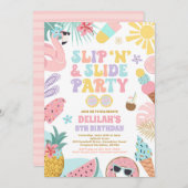 スリップまたは滑ること'n'スライドスプラッシュパッド夏の誕生日パーティー 招待状 (正面/裏面)