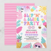 スリップまたは滑ること'n'スライドスプラッシュパッド夏の誕生日パーティー 招待状 (正面/裏面)