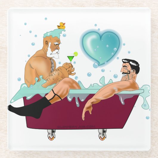 スリップリージョーの2人のゲイの男性は漫画の風呂の石鹸が好き ガラスコースター (正面)