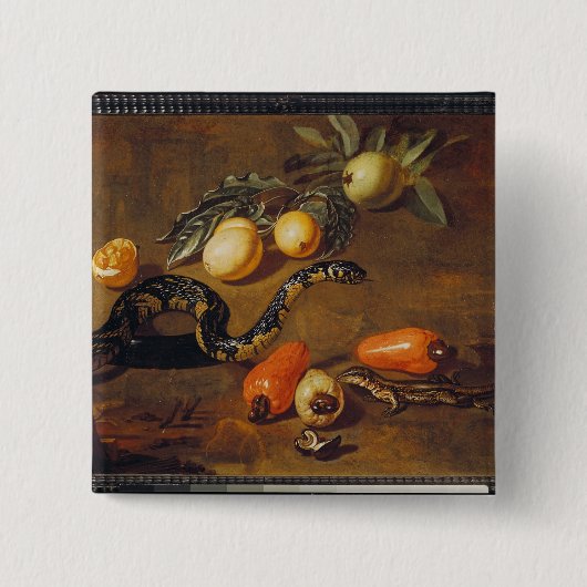 スリナムおよびハ虫類からのフルーツの静物画 缶バッジ (正面)