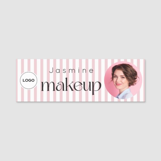 スリム ストライプ 美容専門家 MUA フォトQR 名札 (正面)