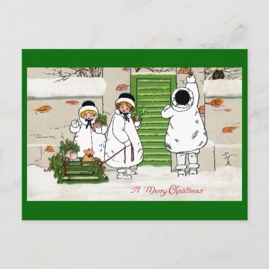 スリル・ヴィンテージ・クリスマスに登場する3人の女の子と豚 シーズンポストカード (正面)