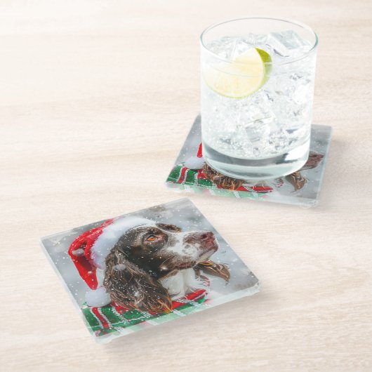 スリンガースパニエル犬ドッグクリスマスフェスティバル ガラスコースター (アングル)