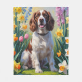 スリンガースパニエル犬ドッグ春の花絵を描ズ フリースブランケット (正面)