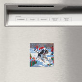 スリンガー走スパニエル犬のクリスマス帽子と雪 マグネット (インサイチュ (食洗機))