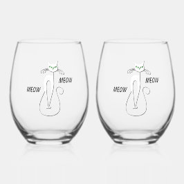 スリンキーブラックキャットニャーニャーカスタム文字グリーンアイズ ステムなしワイングラス