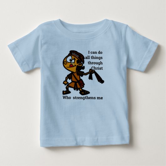 スリングショットを持つダビデ 王国物語のヒーローキャラクター ベビーTシャツ (正面)