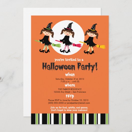 スリーウィッ飛んでいるチズハローウィンパーティ招待状 招待状 (正面/裏面)