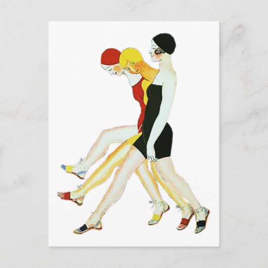 スリーガールズ歩く- 1920sイラストレーション ポストカード (正面)