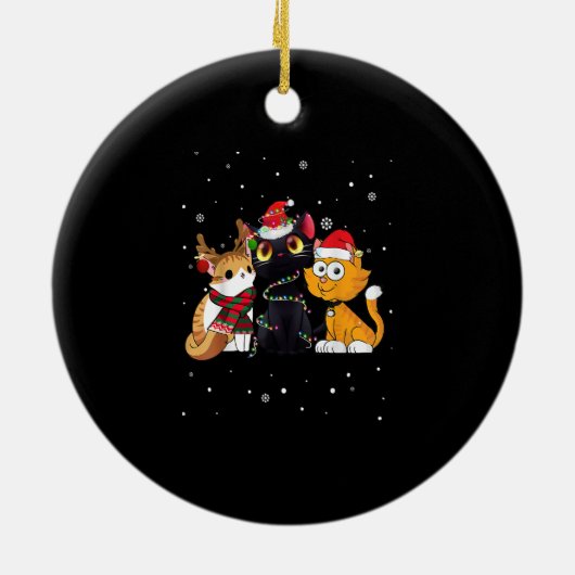 スリーキャットクリスマスおもしろい子猫サンタハットとライ セラミックオーナメント (裏面)