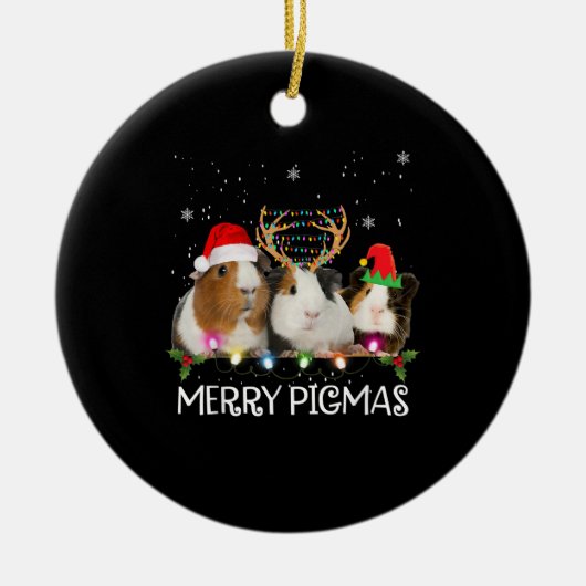 スリーギニアピグクリスマスライトサンタハットクリスマス セラミックオーナメント (正面)