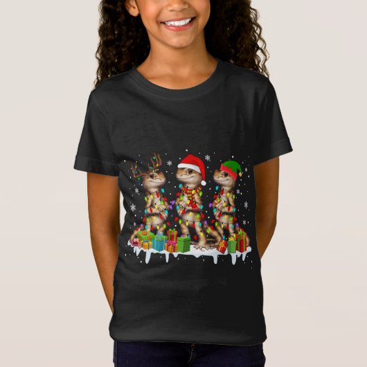 スリーサンタトナカイ小妖精や小人ひげドラゴンクリスマス Tシャツ (正面)