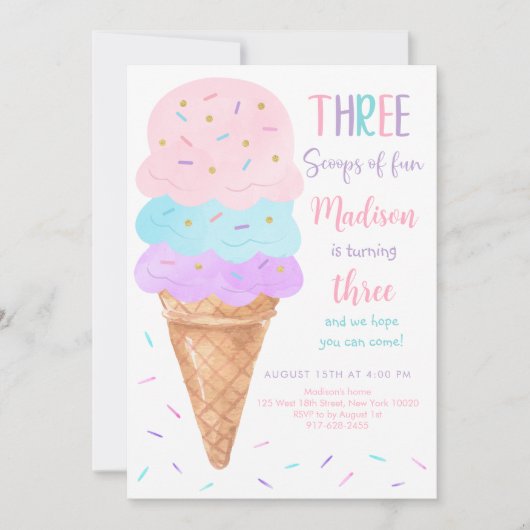 スリースクープおもしろいアイスクリーム誕生日 招待状 (正面)