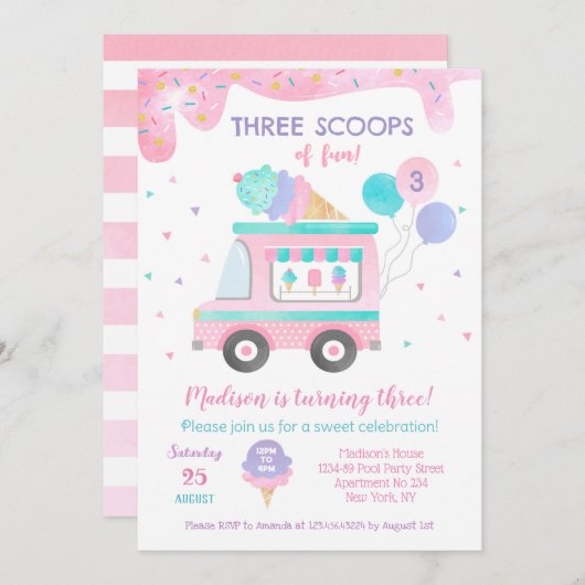 スリースクープオブアイスクリームおもしろい誕生日招待状 セーブザデート (正面/裏面)