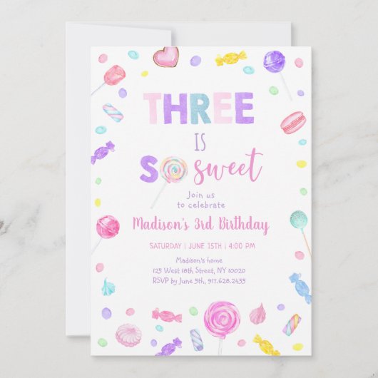 スリーズザスイートキャンディ棒つきキャンデー誕生日 招待状 (正面)