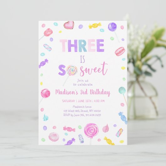 スリーズザスイートキャンディ棒つきキャンデー誕生日 招待状 (スタンド正面)