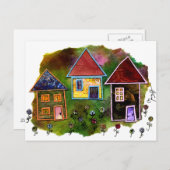 スリーハウスコラージュと花 ポストカード (正面/裏面)